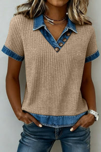 
Beige Ribbed Knit & Denim Patchwork V-Neck Blouse