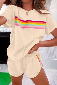 Beige Vibrant Striped Detail Athleisure 2pcs Short Set