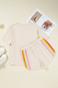 Beige Vibrant Striped Detail Athleisure 2pcs Short Set