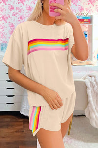 Women's Beige Striped Women's Athleisure 2-Piece Short Set – Chic and Comfy Activewear for Effortless Style