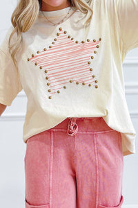 beige women's star print cotton jersey top with studs - trendy casual wear for a easy and wearable look with practical styling and dependable