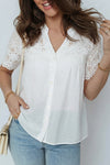 Chic Women's White Sheer Short Sleeve Shirt with Floral Eyelet Embroidery & Patchwork for Effortless Summer Style