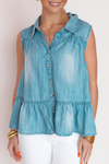 Stylish Women's Blue Sleeveless Denim Shirt with Ruffle Hem & Trendy Collar – Ideal for Casual Summer Looks