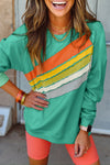 Women's Cozy Mint Green Rainbow Colorblock Striped Pullover Sweatshirt - Stylish Comfort for Casual Outings