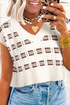 Trendy Women's White Geometric Knit V-Neck Cropped Sweater Vest - Stylish Sleeveless Top for Chic Fall Fashion