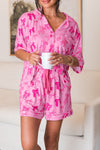 Cozy Women's Pink Bow Print Pajama Set with Half Sleeves and Shorts – Perfect Sleepwear for Relaxed Nights and Lounging