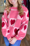 Cozy Women's Pink Heart Checkered Sweater - Cute Crew Neck for Valentine’s Day and Romantic Outings
