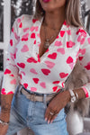 Women's Fitted Pink Heart Print Long Sleeve Top with Buttoned Neckline - Perfect for Valentine's Day Celebrations