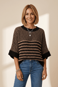 Women's Black and Camel Striped 3/4 Sleeve Slouchy Sweater