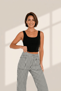 Women's Black and White Striped High-Waist Denim Jeans with Patch Pockets
