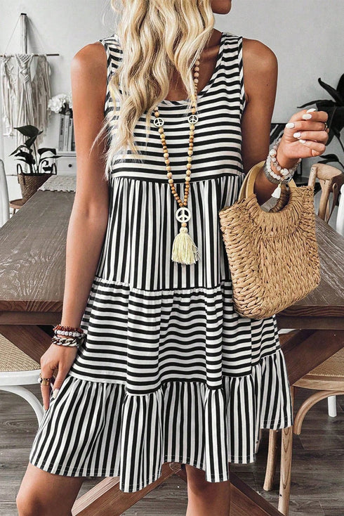 Women's Black and White Striped Tiered Sleeveless Mini Dress