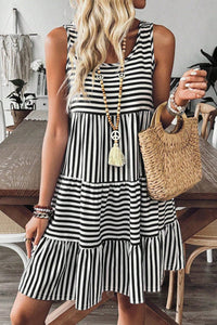 Women's Black and White Striped Tiered Sleeveless Mini Dress