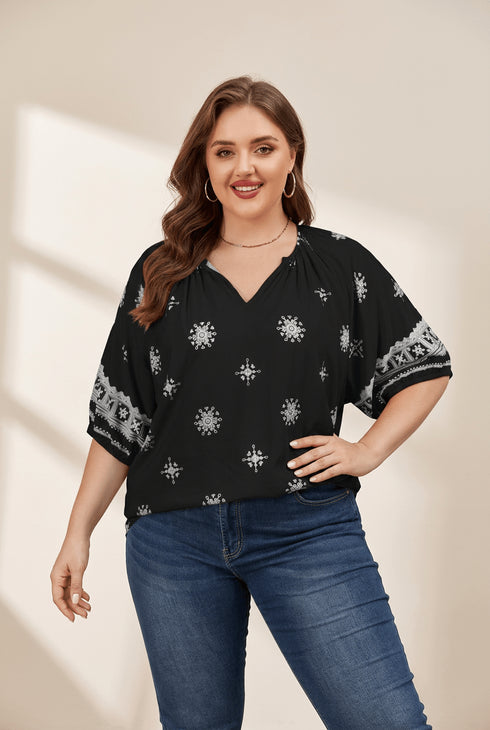 Women's Black Boho Embroidered Notched V-Neck Plus Size Blouse