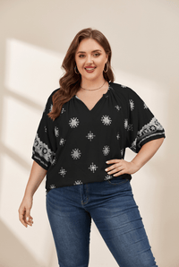 Women's Black Boho Embroidered Notched V-Neck Plus Size Blouse