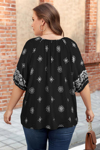 Black Boho Chic Notched V Neck Plus Floral Short Sleeve Top