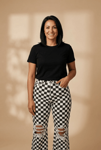 Women's Black Checkerboard Distressed Cropped Jeans with Raw Hem