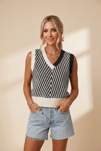 Women's Black Chevron Knit V-Neck Sweater Vest with Contrast Trim