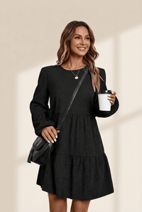 Women's Black Corduroy Tiered Mini Dress with Lantern Sleeves