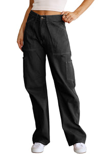 Black Denim Straight Leg Cargo Trousers with High Waist and Pockets