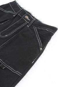 Black Denim Straight Leg Cargo Trousers with High Waist and Pockets