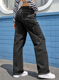 Black Denim Straight Leg Cargo Trousers with High Waist and Pockets