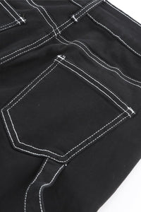 Black Denim Straight Leg Cargo Trousers with High Waist and Pockets
