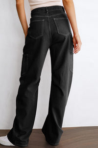 Black Denim Straight Leg Cargo Trousers with High Waist and Pockets