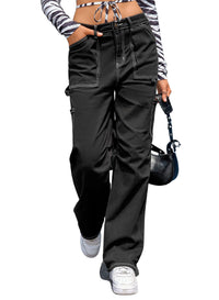 Black Denim Straight Leg Cargo Trousers with High Waist and Pockets