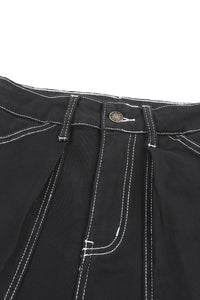 Black Denim Straight Leg Cargo Trousers with High Waist and Pockets