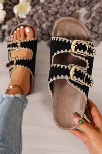 
Women's Black Embroidered Trim Retro Buckle Faux Suede Slippers