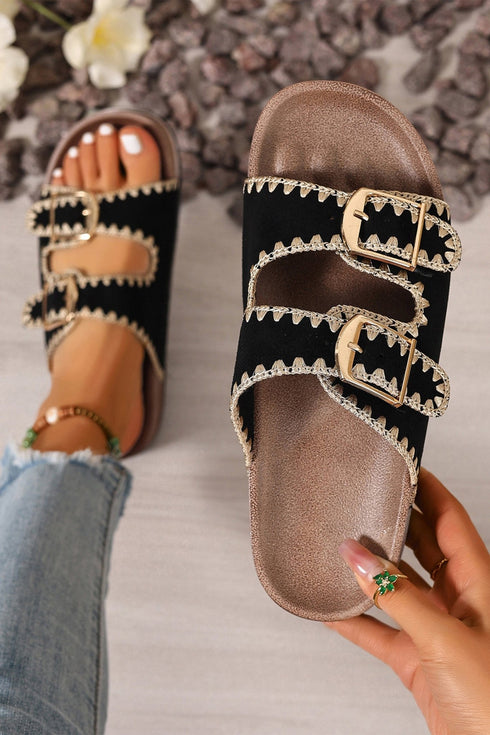 Women's Black Embroidered Trim Retro Buckle Faux Suede Slippers