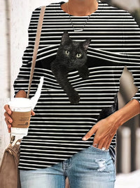 Women's Black Cat Graphic Striped Plus Size Long Sleeve Tee