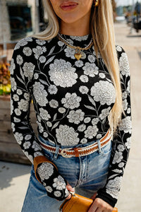 Women's Black Floral Mesh Mock Neck Top with Thumbhole Sleeves