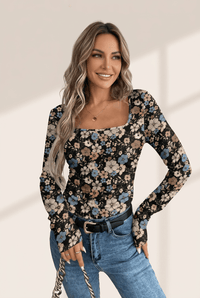 Women's Black Floral Square Neck Long Sleeve Top