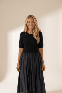 Women's Black Knit Patchwork Midi Dress with Pleated Skirt