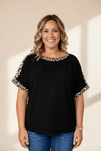 Women's Black Leopard Patchwork Plus Size Tee with Relaxed Fit