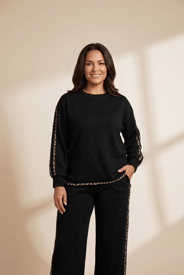 Women's Black Leopard-Trim Loungewear Set with Wide-Leg Pants