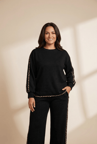 Women's Black Leopard-Trim Loungewear Set with Wide-Leg Pants