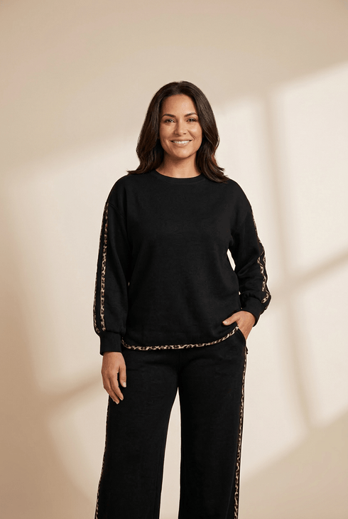 Women's Black Leopard-Trim Loungewear Set with Wide-Leg Pants