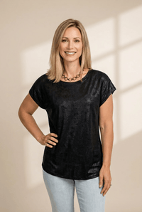 Women's Black Metallic Cap Sleeve Tee with Shimmer Finish