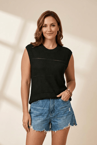 Women's Black Pointelle Knit Sleeveless Sweater Vest for Layering