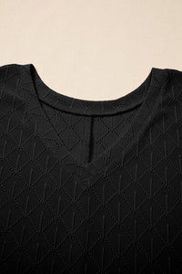 Black Pointelle Rhombus Knit Plus Size V Neck Loose Top