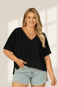 Women's Black Pointelle V-Neck Plus Size Knit Top with Rhombus Pattern