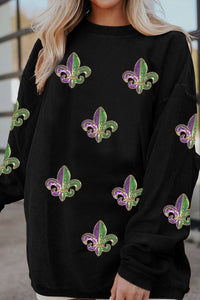 Women's Black Ribbed Fleur De Lis Sequin Pullover Sweatshirt