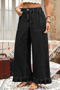 Women's Black Ruffled Wide-Leg Denim Trousers: Plus Size Stretch