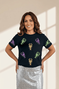 Women's Black Sequin Lobster Graphic Tee | Mardi Gras Celebration Top