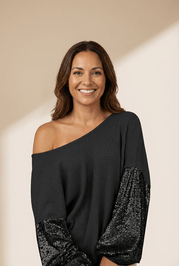 Women's Black Sequin Patchwork Waffle Knit Off-Shoulder Top