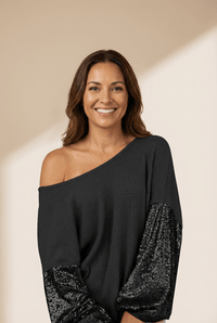 Women's Black Sequin Patchwork Waffle Knit Off-Shoulder Top