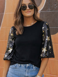 Black Star Sequin Embellished Half Sleeve Knit Top