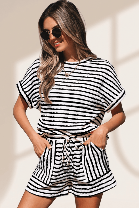 Black Striped Crinkle Knit Top & Drawstring Shorts Set
